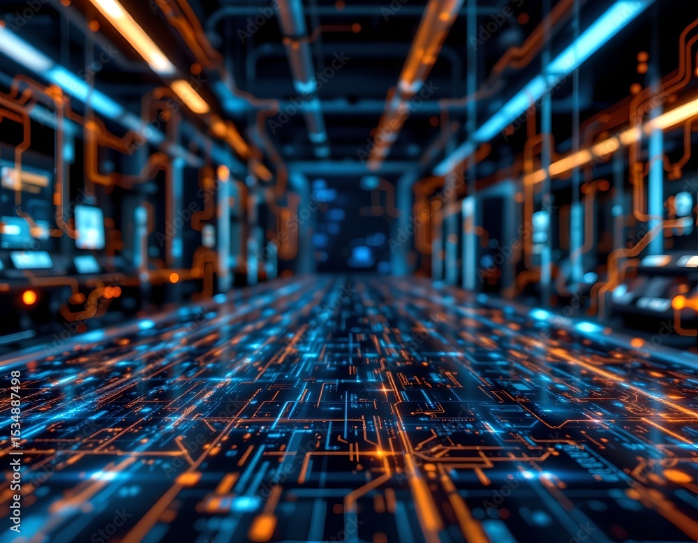 Poster futuristic data flow visualization server room digital art high-tech environment close-up view cyber