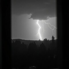 Lightning Strike Over Rainy Road Seen from Window &ndash; Black and White Storm Scene