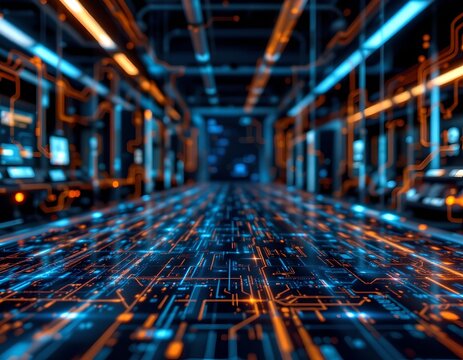 Futuristic data flow visualization server room digital art high-tech environment close-up view cybersecurity concept - Powered by Adobe