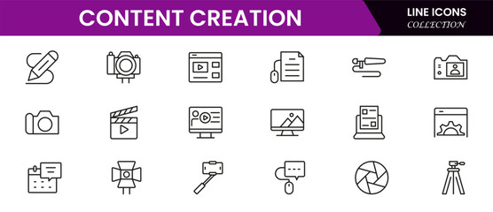 Vibrant vector web line icons showcasing content creation, writing, video, photography, and digital storytelling tools for engaging audiences.