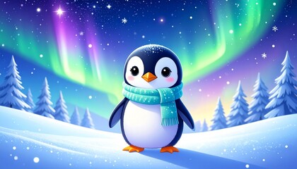 オーロラとペンギン、冬の夜空、かわいい動物キャラクター、雪景色と星空、北極の風景、マフラーを巻いたペンギン、幻想的な冬の空、雪の降る森、冬のイラスト、クリスマスの雰囲気
