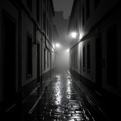 Empty Wet Alley in Rainy Night with Street Lights &ndash; Moody Monochrome Scene