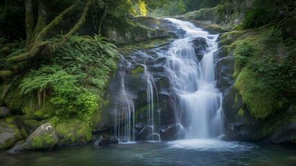 Obraz premium Cascading waterfall surrounded by lush green vegetation in a serene natural environment scene view