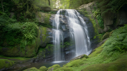 Obraz premium A cascading waterfall flows down moss covered rocks in a lush green forest landscape scene view