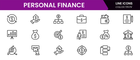 Clear vector web line icons depicting personal finance, budgeting, savings, investments, and financial planning for secure wealth management.
