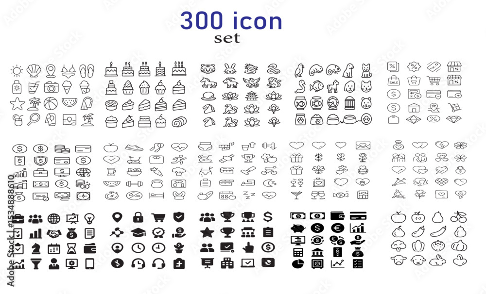 Aufkleber a collection of three hundred black and white icons arranged in a grid pattern on a white background