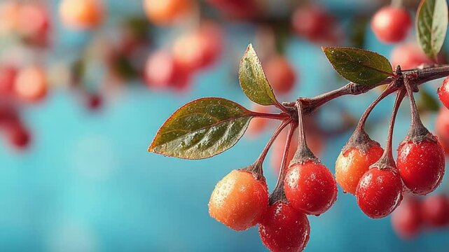 Close-Up View of Elaeagnus Multiflora Fruit with Water Droplets on a Twig against Blue Backdrop