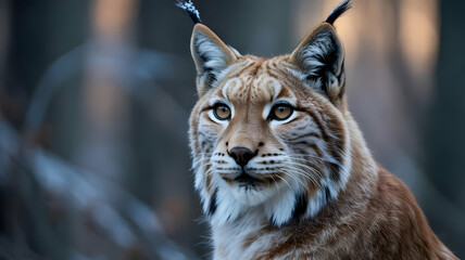 Obraz premium Close up portrait of a lynx with blurred background showing its fur and ear tufts in the wild nature