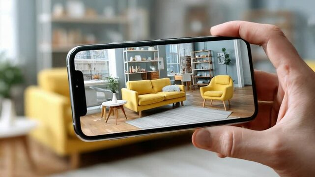 Smartphone Showing Yellow Sofa: A person holds a smartphone displaying a stylish living room scene featuring a vibrant yellow sofa and armchair. The image showcases interior design, home decor.