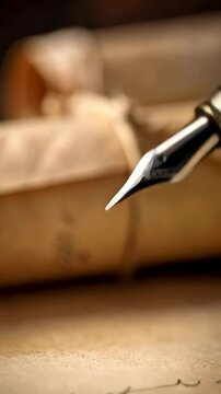 Close-up of a fountain pen with a wood barrel and gold accents resting on aged parchment, with an old paper scroll in the background