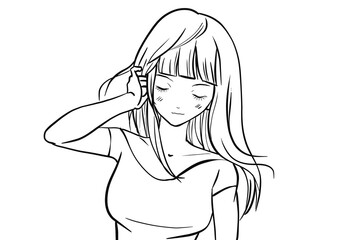 girl with beautiful hair, woman with a gentle breeze, black and white line drawing