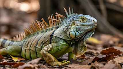 Fototapeta premium Close up of a green iguana resting on brown leaves in a natural outdoor environment setting