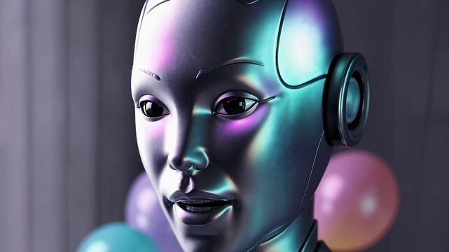 Joyful slow motion bust shot of a humanoid robot squealing with delight as pastel-cheeked balloons float in the background