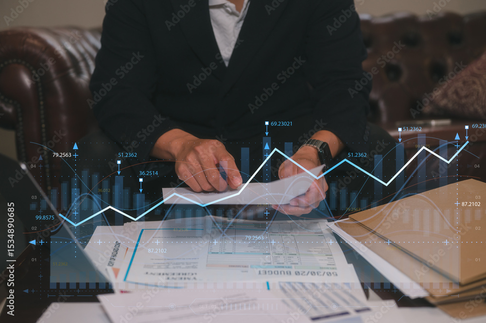 Poster man sitting in office or library analyse report data, using laptop for work or study data analysis i