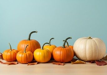 Obraz premium Autumn pumpkins on a light wood table against a mint green backdrop