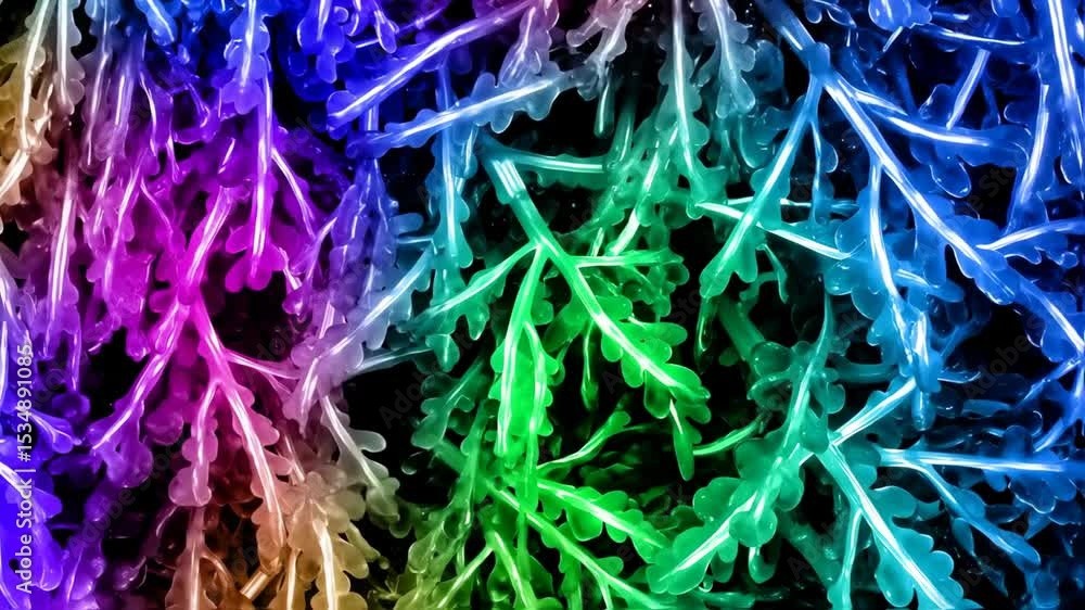 Aufkleber overlapping transparent neon color abstract branches with small leaves against a black background fo
