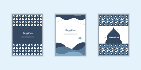 Ramadan Kareem poster, holiday cover set. Islamic greeting card, banner template. Arabic text mean Ramadan Kareem. Modern design with geometric pattern