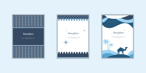 Ramadan Kareem poster, holiday cover set. Islamic greeting card, banner template. Arabic text mean Ramadan Kareem. Modern design with geometric pattern