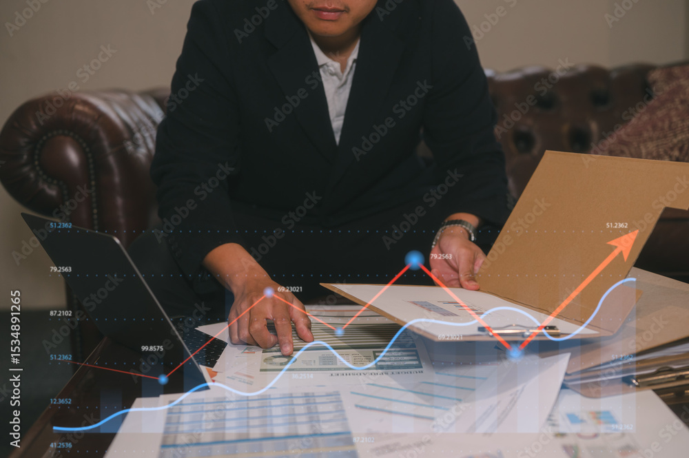 Poster man sitting in office or sofa in living room holding paper report data file work or study data analy
