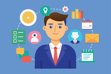 Professional man managing tasks and information in a colorful digital workspace