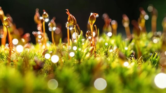 Close-up of green moss with dew drops clinging to the sporophytes in natural light