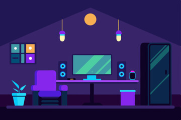living room with gaming setup and led lights  .svg