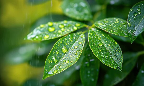 Green Leaves with Water Droplets Shimmering under Natural Light After Rain Close Up Detailed Macro Shot