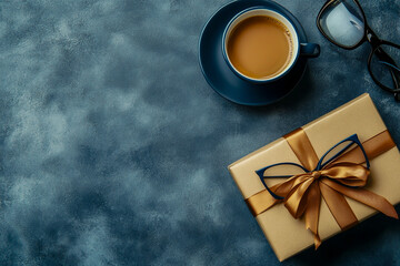A gift box tied with decorative ribbon, a cup of coffee and a flat stack of stylish glasses on a gray textured background, representing a Father's Day concept and celebration.