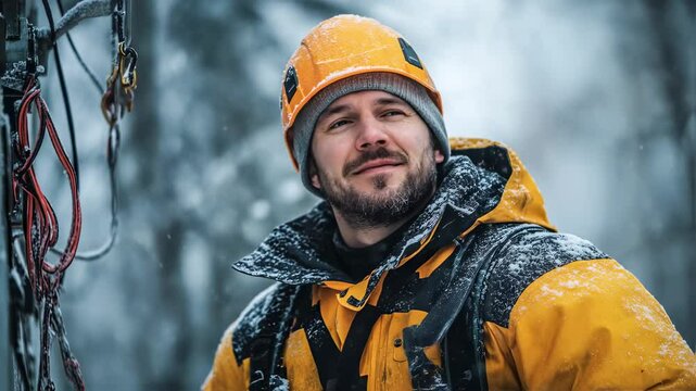 Focused worker in snowy landscape, close-up portrait of a professional lineman