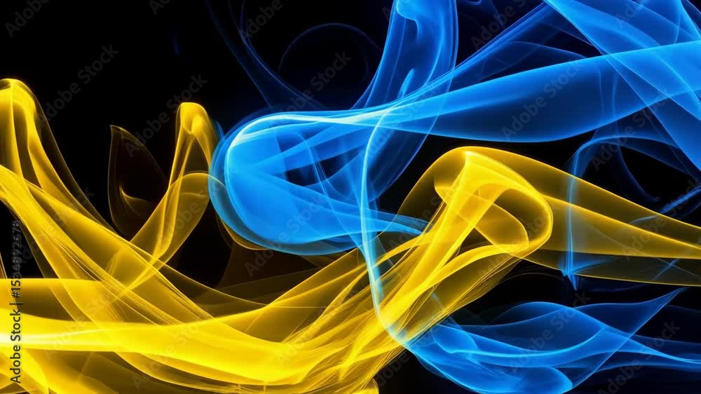 Poster flowing colorful smoke streams with dynamic shapes in blue and yellow against a dark backdrop, creat