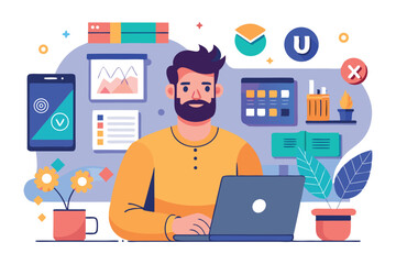 Fototapeta premium Man working on laptop in creative office space with charts and plants