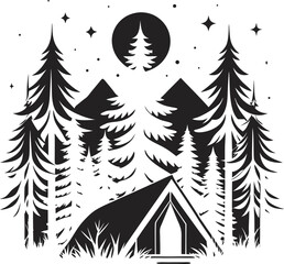 Obraz premium This collection of black and white images displays various illustrations of tents in different styles and settings, some under a starry sky or near trees.