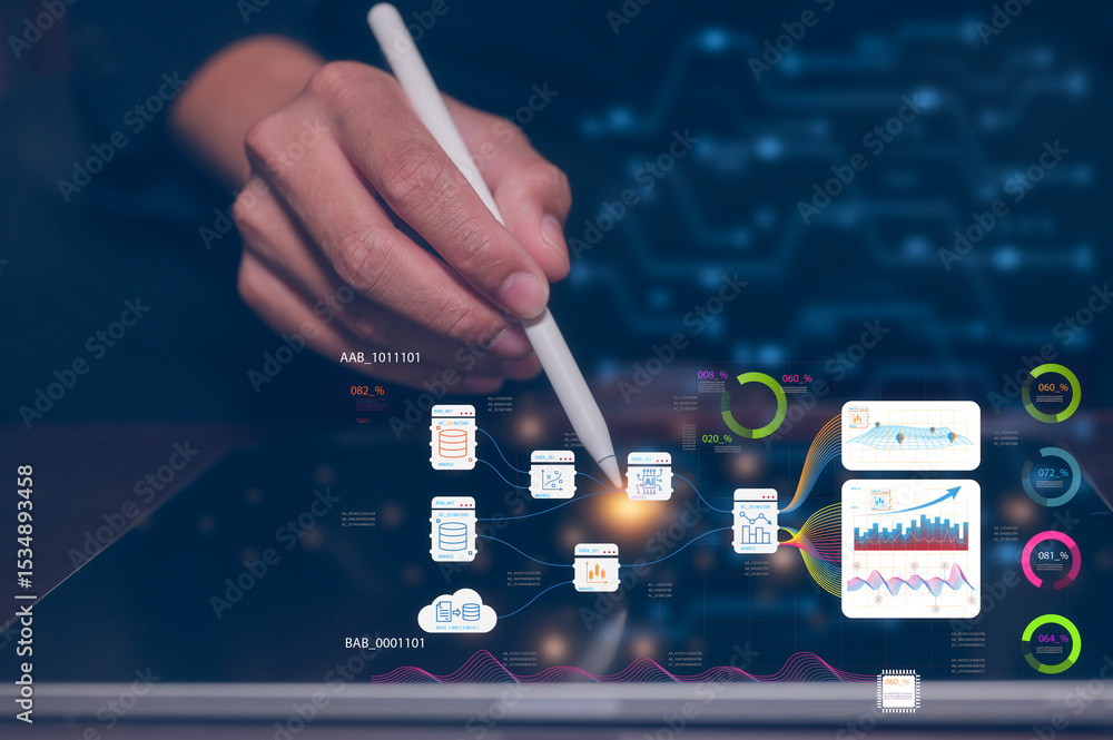 Poster artificial intelligence ai technology and digital transformation concept, businessman using pen and 