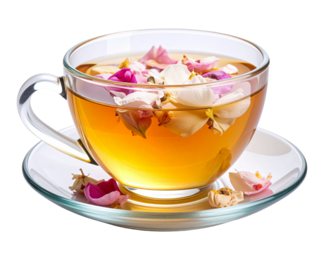 Floral Tea in Transparent Glass Teacup with Floating Flower Petals, Transparent Background
