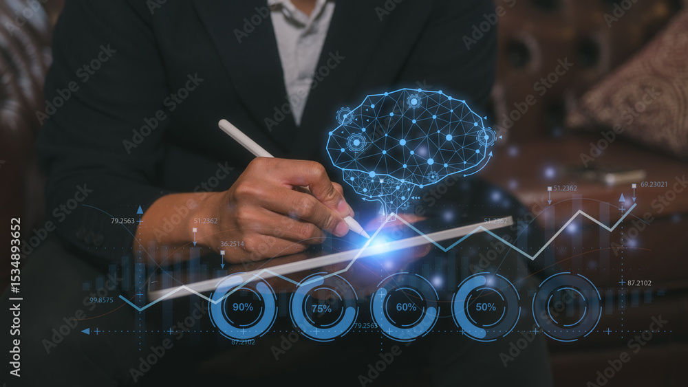 Poster artificial intelligence ai technology and digital transformation concept, businessman using pen and 