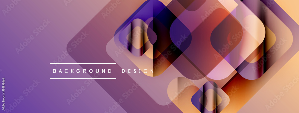 Poster abstract geometric shapes overlap, creating vibrant purple, orange gradients. modern design elements