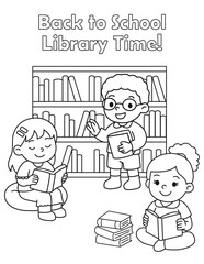 Library time coloring page with children reading books. Great for back to school themes, classroom literacy, and early education printables.