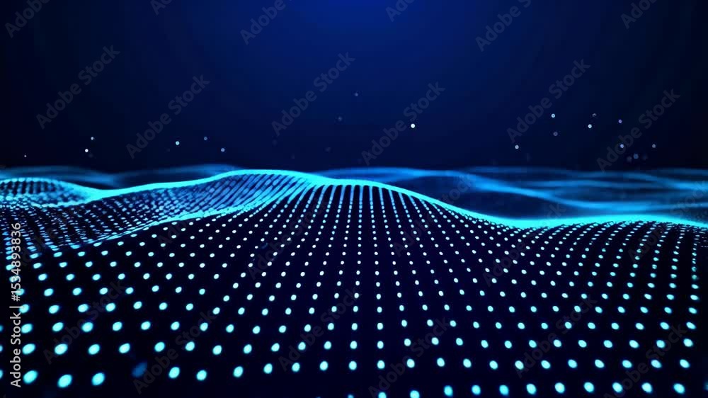 Poster animated blue digital wave with illuminating points, creating an abstract cyberspace environment for