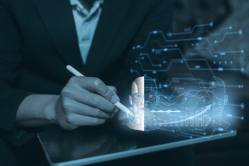 artificial intelligence AI technology and Digital transformation concept, businessman using pen and...