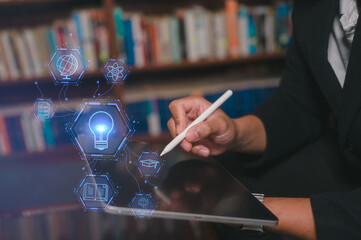 Digital transformation tech strategy knowledge and technology concept , businessman using pen and...