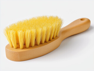 stiff-bristled cleaning scrub brush with ergonomic grip placed on clean white background tough and durable tool ideal for household cleaning visuals or product ads 