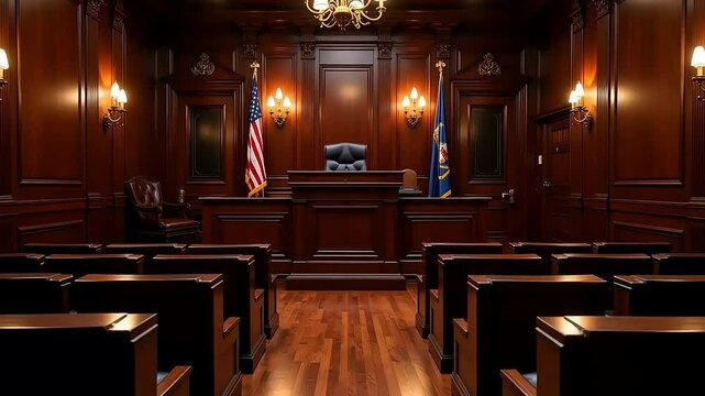Majestic Courtroom Setting American and State Flags Rich Wood Paneling Judge Bench Jury Seats
