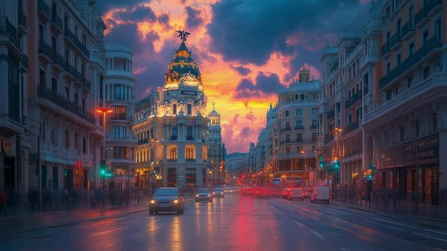 The Metropolis Building bathed in the golden hues of sunset in Madrid