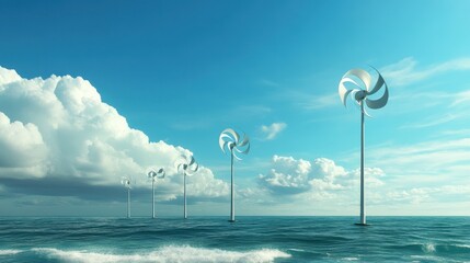Offshore wind turbines generating renewable energy under a bright blue sky with scattered clouds over the ocean.