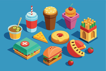 Diverse assortment of colorful fast food items displayed on blue background