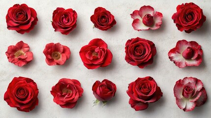Fototapeta premium Red roses arranged in a grid pattern on a light surface. Close-up view of diverse rose types