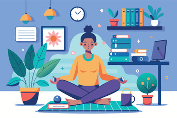 Person practicing mindfulness and meditation in bright home office during daytime