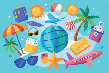 Colorful summer vacation elements with sun, beach, and travel items