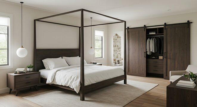 A beautifully designed modern master bedroom featuring a striking dark wood four-poster canopy bed with crisp white linens.