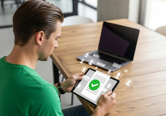 Young Man Reviewing Approved Document On Digital Tablet, Online Business, Work From Home, Technology, Modern Workplace